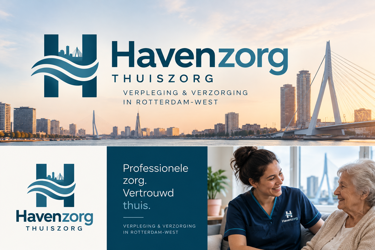 Havenzorg merkpresentatie met de skyline van Rotterdam en een verpleegkundige met cliënt